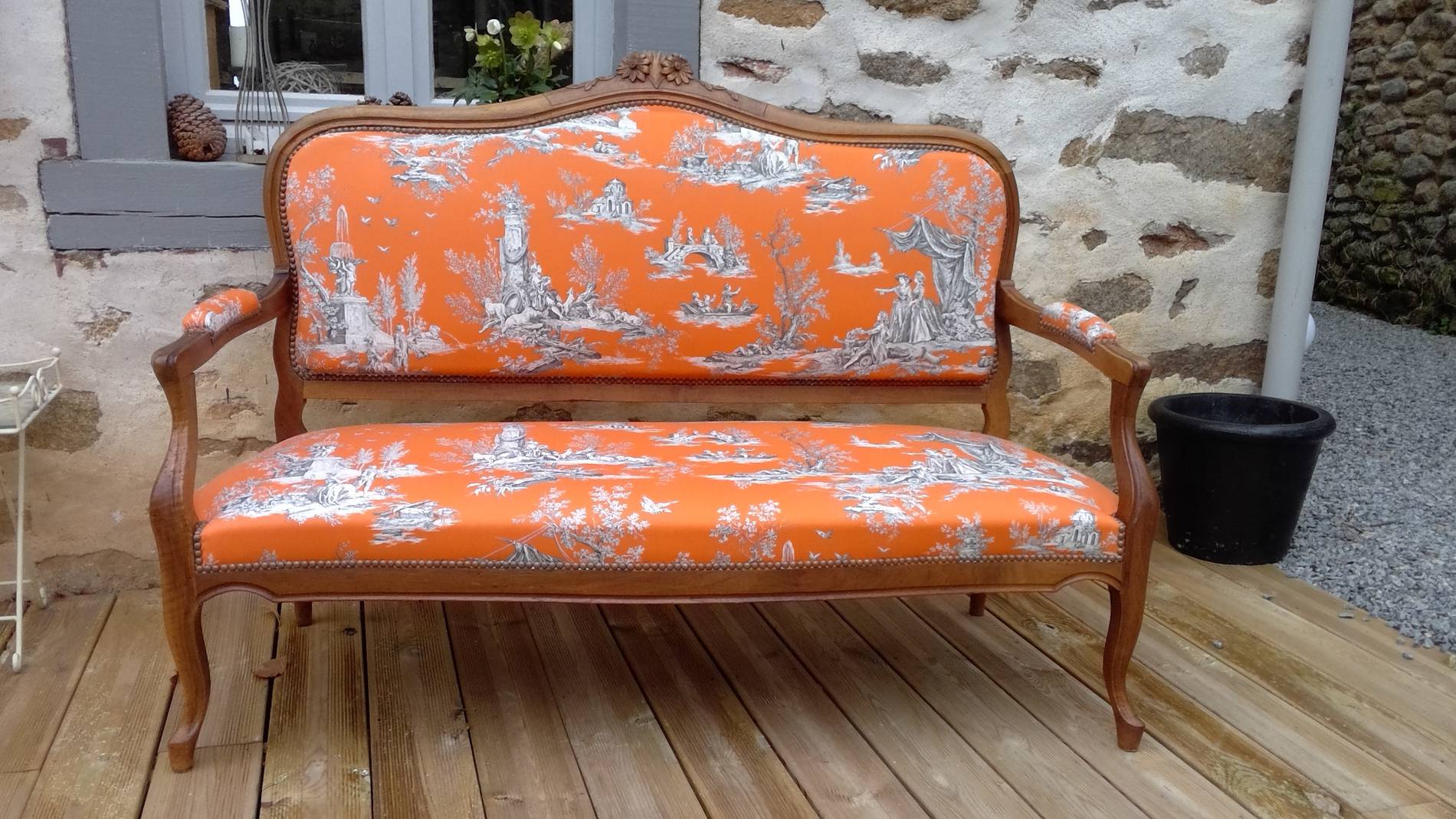 Atelier d' Hier à 2 Mains - Banquette Louis XV - tissu Manuel Canovas